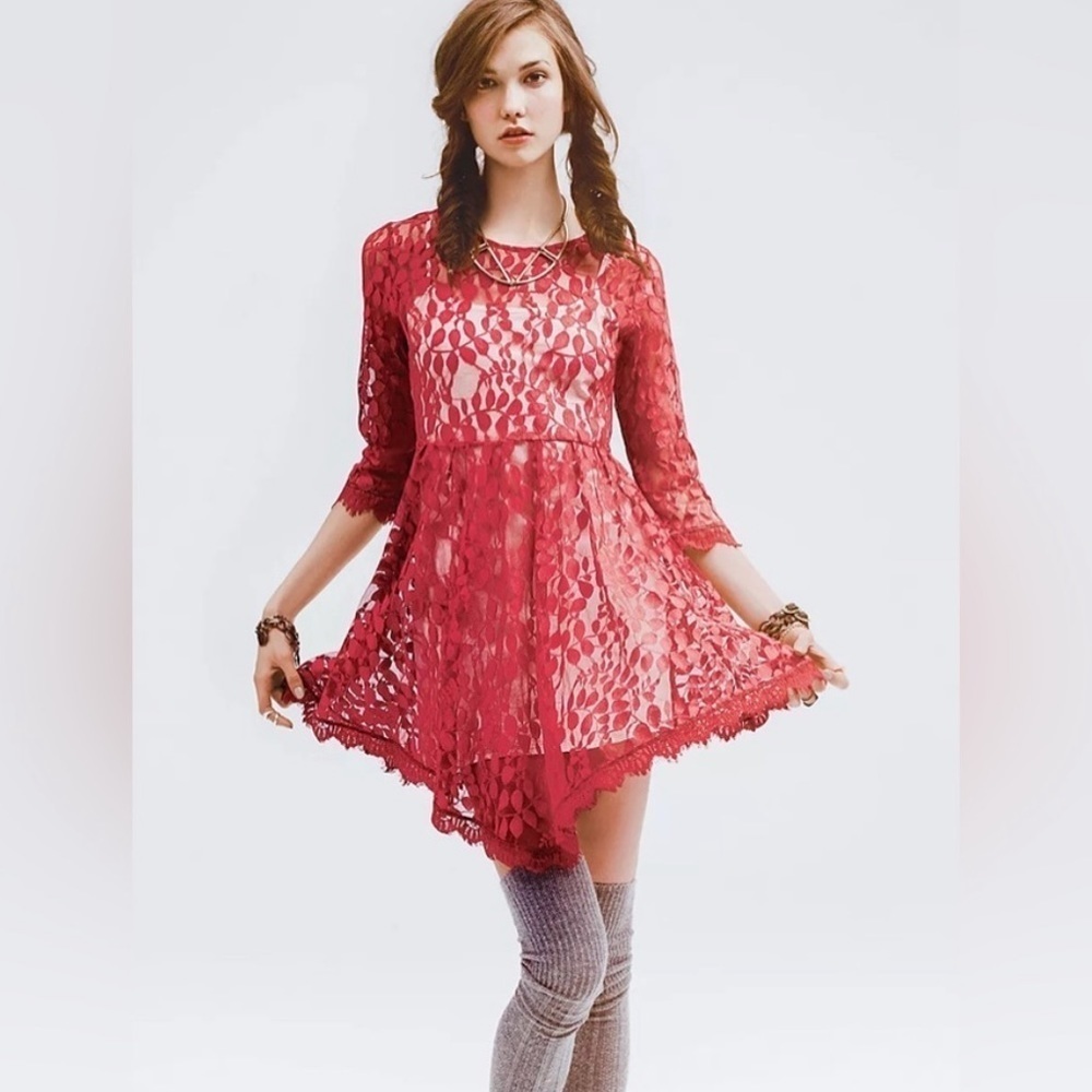 Free People Floral‎ Mesh Lace Dress Red Size 10